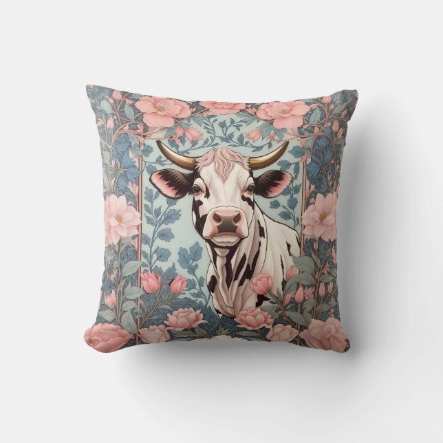 Cute Cow with Pink Floral Background Throw Pillow (Front)