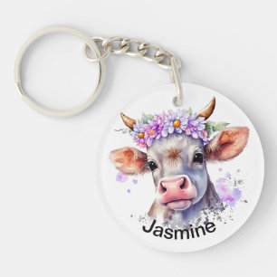 Cute cow with your name floral watercolor farm key keychain