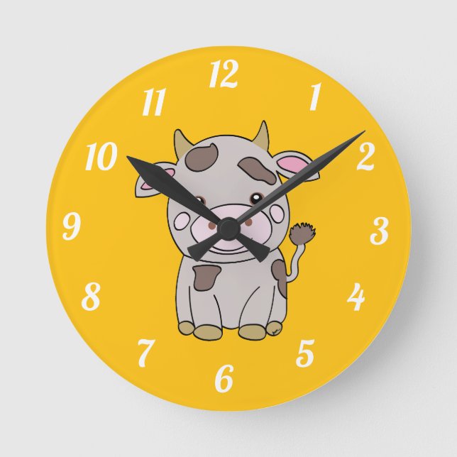 Cute cow, yellow round clock (Front)