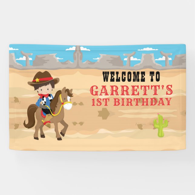 Cute Cowboy 1st Birthday Party Banner (Horizontal)