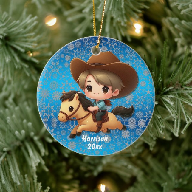 Cute Cowboy and Horse Western  Ceramic Ornament (Tree)