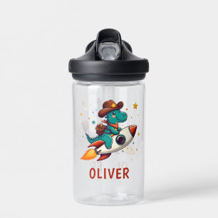 Cute Cowboy Dinosaur Riding Space Rocket Water Bottle
