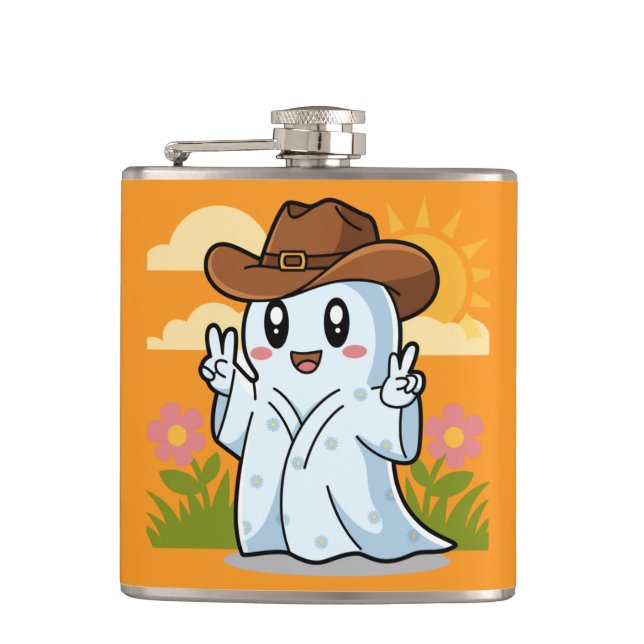 Cute Cowboy Ghost for Halloween Fun Decoration Hip Flask (Front)