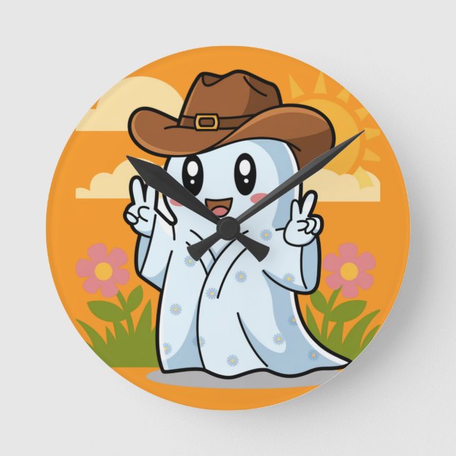 Cute Cowboy Ghost for Halloween Fun Decoration Round Clock (Front)