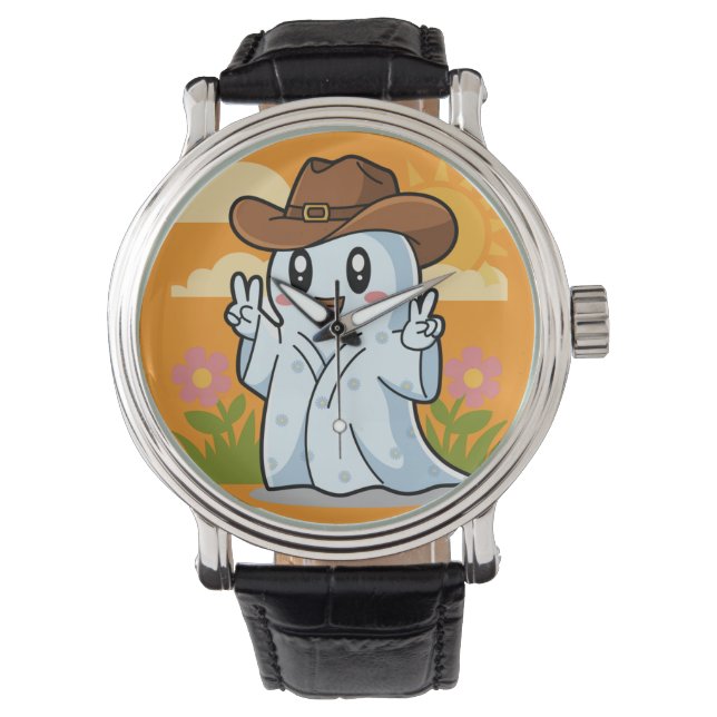 Cute Cowboy Ghost for Halloween Fun Decoration Watch (Front)