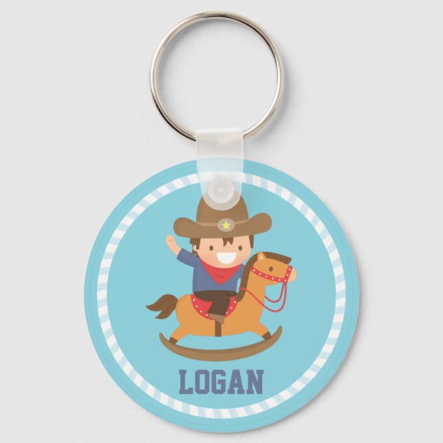 Cute Cowboy on Rocking Horse Personalized Keychain (Front)