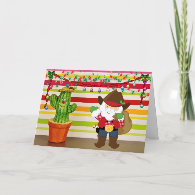 Cute Cowboy Santa and Cactus Southwest Christmas Holiday Card (Front)