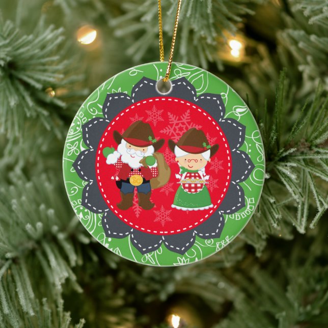 Cute Cowboy Santa and Mrs Clause 1st Christmas Ceramic Ornament (Tree)