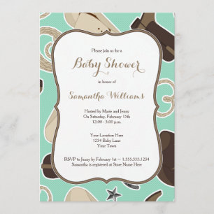 Cute Cowboy Theme Baby shower Invitation Mint Brow