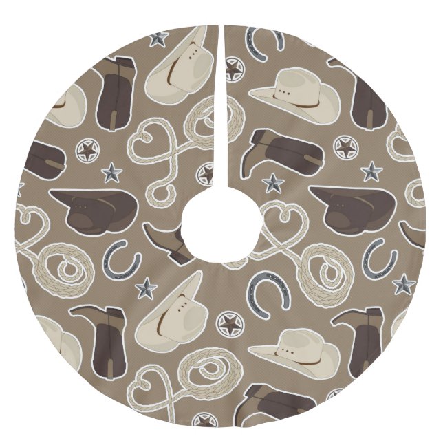 Cute Cowboy Theme Pattern Brown Brushed Polyester Tree Skirt (Front)