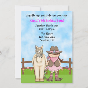 Cute Cowgirl and Horse Invitation d'anniversaire