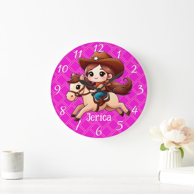 Cute Cowgirl and Horse Western Pink Large Clock (Home)