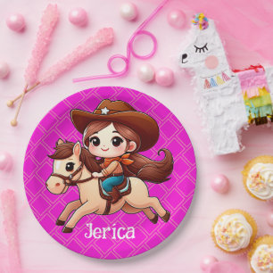 Cute Cowgirl and Horse Western Pink Paper Plate