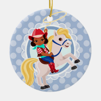 Cute Cowgirl Horse - Rodeo African American Girl Ceramic Ornament