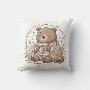 Cute Cozy Bear with Coffee Hygge Aesthetic Throw P Pillow