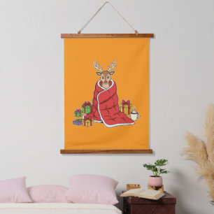 Cute Cozy Christmas Reindeer in Blanket Funny  Hanging Tapestry