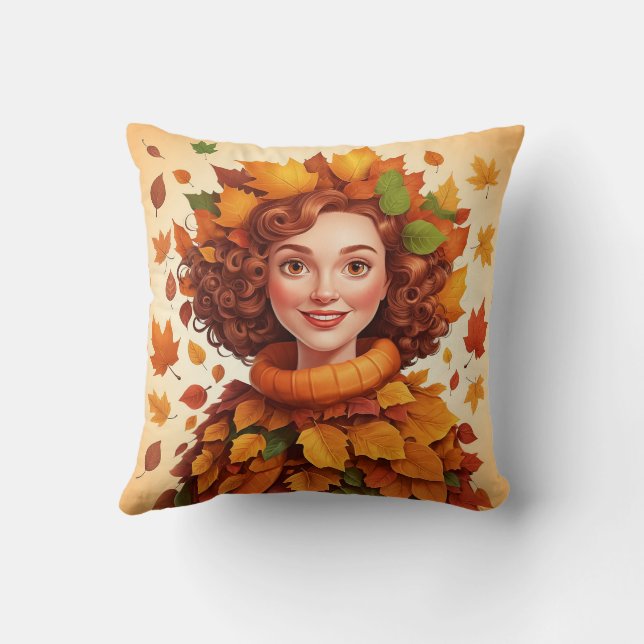 Cute Cozy Colourful Leaves Fall Woman Pattern  Throw Pillow (Back)
