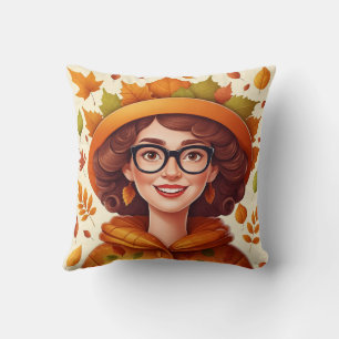 Cute Cozy Colourful Leaves Fall Woman Pattern Throw Pillow