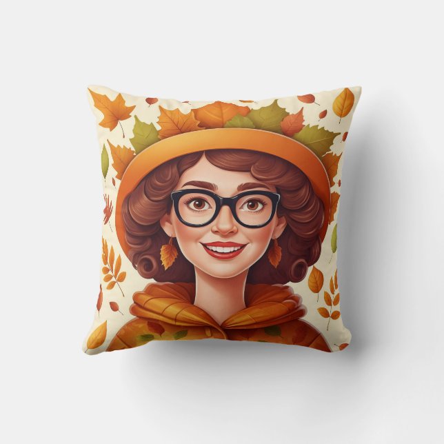 Cute Cozy Colourful Leaves Fall Woman Pattern Throw Pillow (Back)
