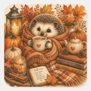 Cute Cozy Fall Hedgehog Self Care Cottagecore Square Sticker