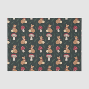 Cute Cozy Fox with Mushrooms, Green. Tissue Paper. Paper