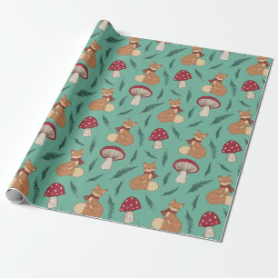 Cute Cozy Fox with Mushrooms. Turquoise. Wrapping Paper