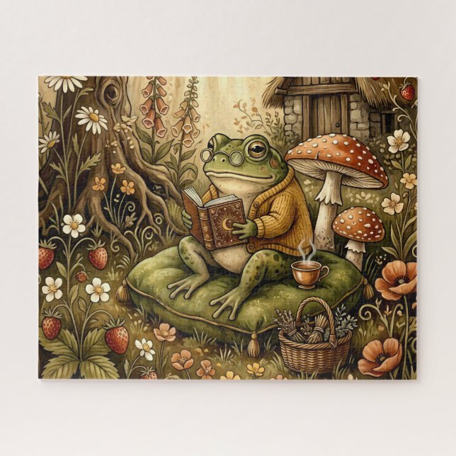 Cute Cozy Garden Reading Frog Jigsaw Puzzle (Horizontal)