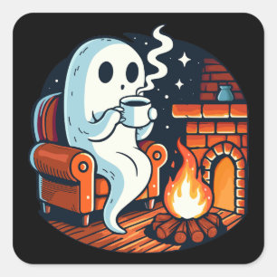 Cute Cozy Ghost Fireplace Hot Drink Autumn Graphic Square Sticker