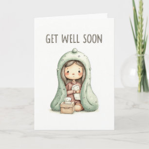 Cute Cozy Girl Under Blanket Get Well Soon Card