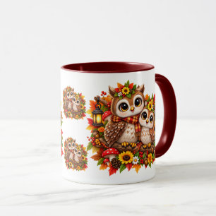 Cute Cozy Owls Autumn Woodland Leaves Mushrooms Mug