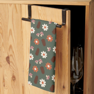 Cute cozy pattern with flowers mushroom & pinecone kitchen towel