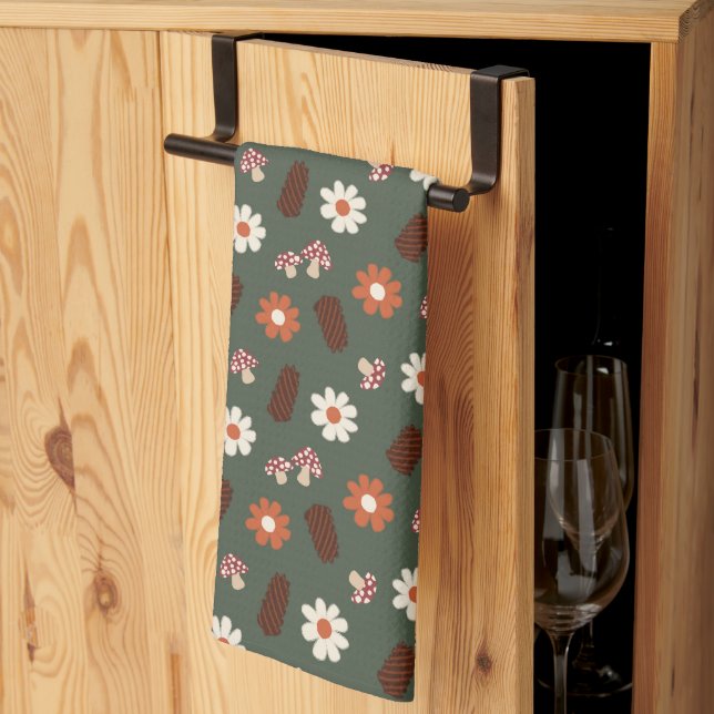 Cute cozy pattern with flowers mushroom & pinecone kitchen towel (Thirds Fold)