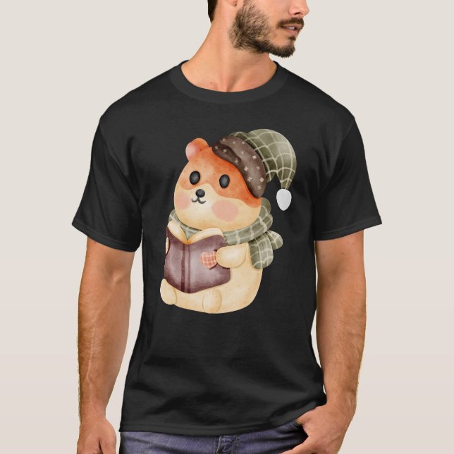 Cute Cozy Reading Hamster in Holiday Attire T-Shirt (Front)