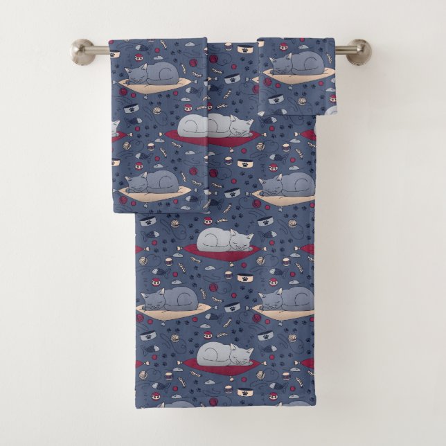Cute & Cozy Sleepy Cat Dreams Pattern  Bath Towel Set (Insitu)