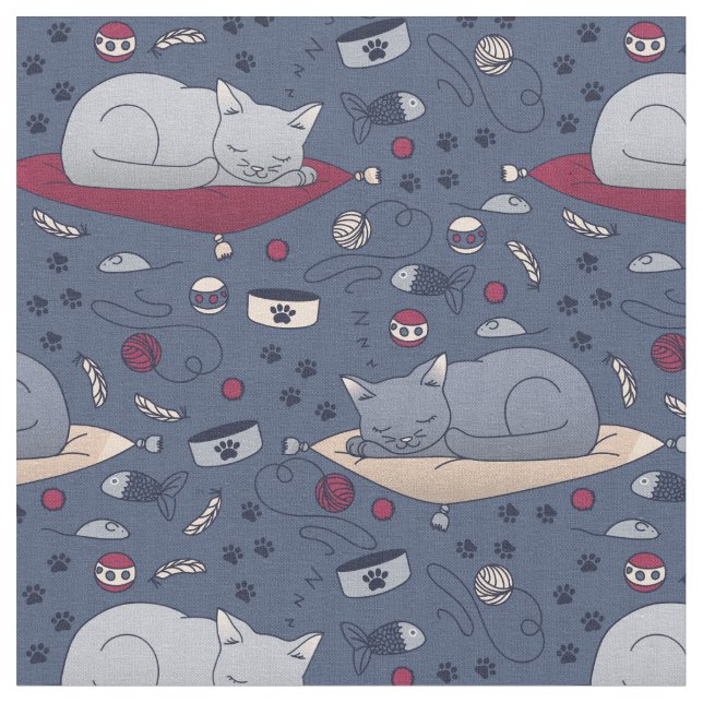 Cute & Cozy Sleepy Cat Dreams Pattern  Fabric (Close Up)