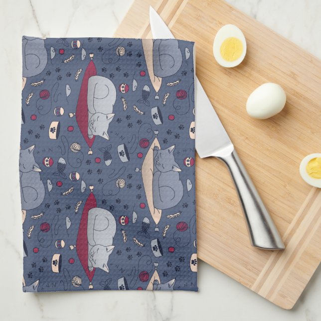Cute & Cozy Sleepy Cat Dreams Pattern  Kitchen Towel (Quarter Fold)