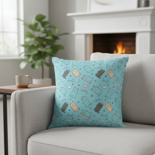 Cute & Cozy Sleepy Cat Dreams Pattern Throw Pillow (Creator Uploaded)