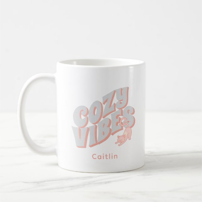 Cute 'Cozy Vibes' Pastel Cat Personalized Coffee Mug (Left)