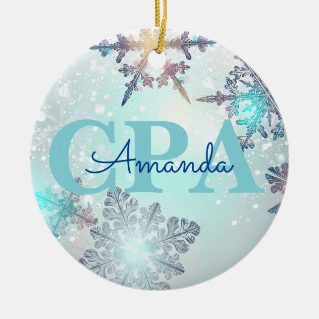 Cute CPA Ice Blue Snowflake Personalized Name  Ceramic Ornament (Front)