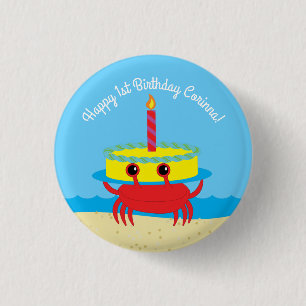 Cute Crab Beach 1st Birthday Party 1 Inch Round Button