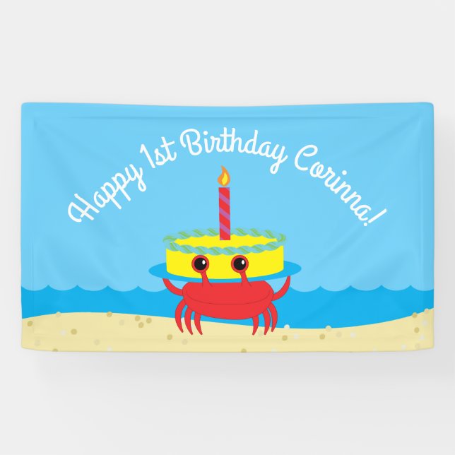 Cute Crab Beach 1st Birthday Party Banner (Horizontal)
