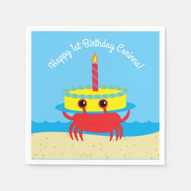 Cute Crab Beach 1st Birthday Party Napkin (Front)