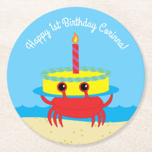 Cute Crab Beach Kid's Birthday Party Round Paper Coaster