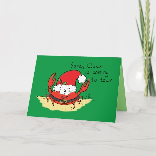 Cute Crab Christmas Funny Holiday Santa Cartoon Card (Front)