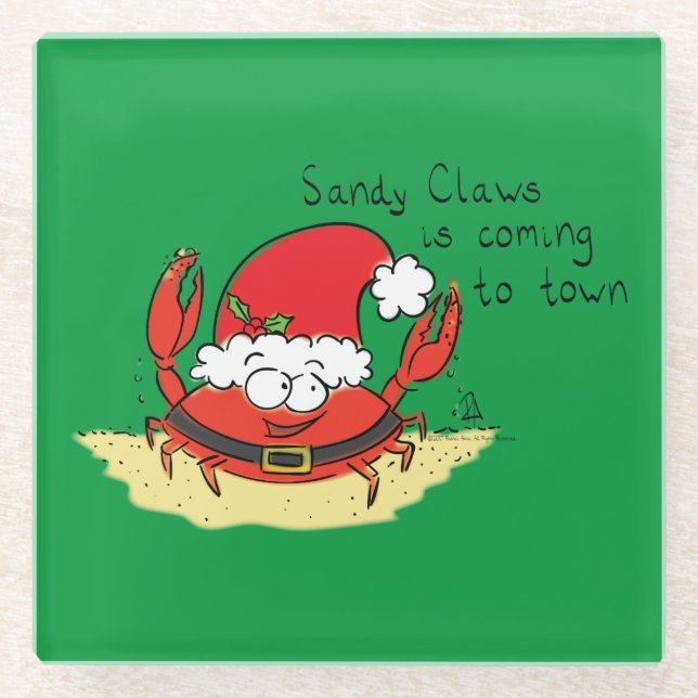 Cute Crab Christmas Funny Holiday Santa Cartoon Glass Coaster (Front)