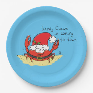 Cute Crab Christmas Funny Holiday Santa Cartoon Paper Plate