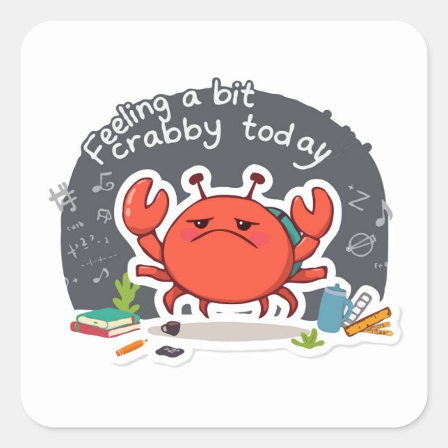 Cute Crab 'Crabby Day' Funny Back to School Square Sticker (Front)