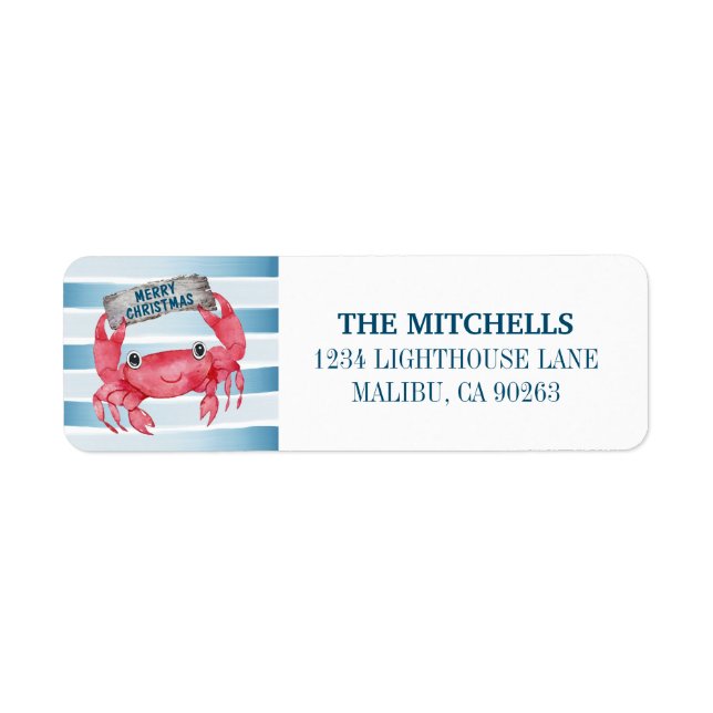 Cute Crab Nautical Stripes Holiday Return Address (Front)