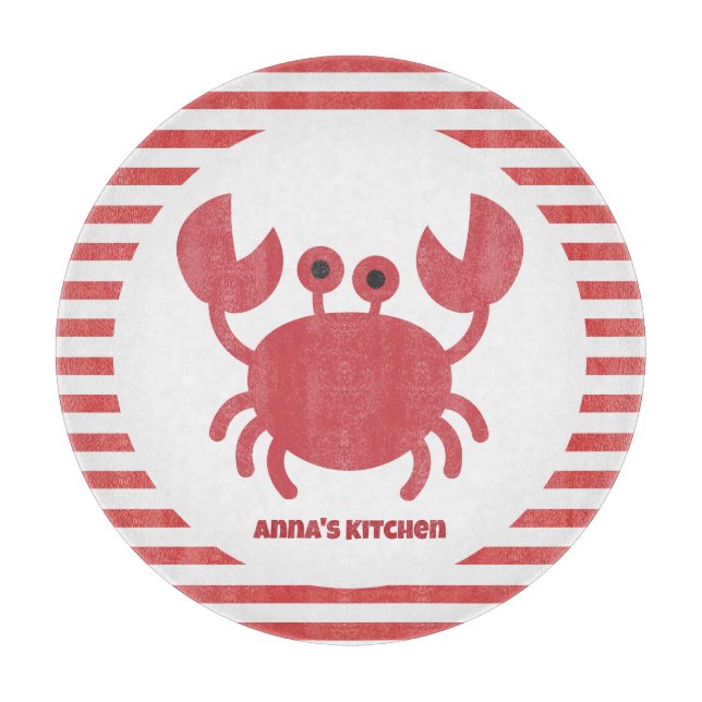 Cute Crab - Red & White Stripes Personalized Cutting Board (Front)