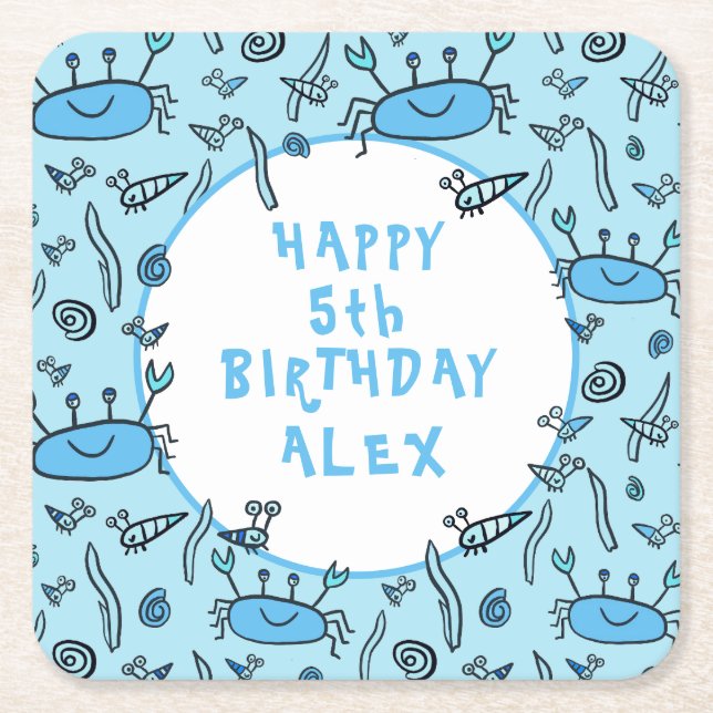 Cute Crab Sea Animals Boy Happy Birthday Square Paper Coaster (Front)
